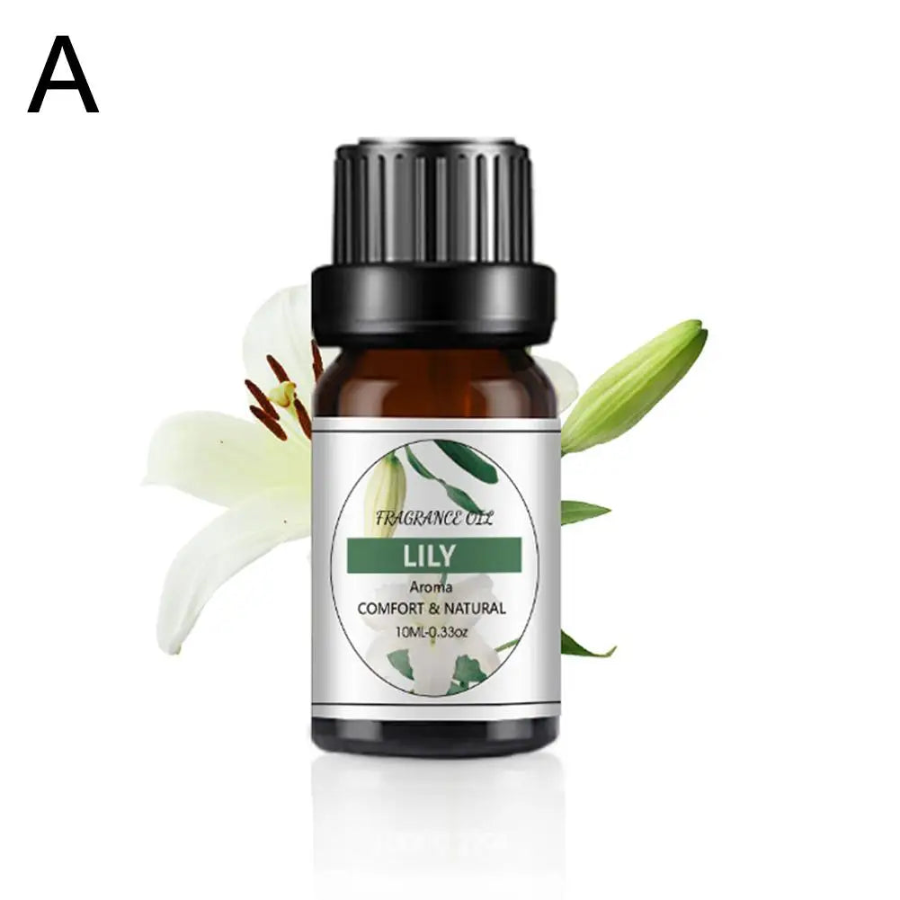 10ml amber glass bottle of Lily fragrance oil with a black cap, featuring a white label with lily flower imagery.