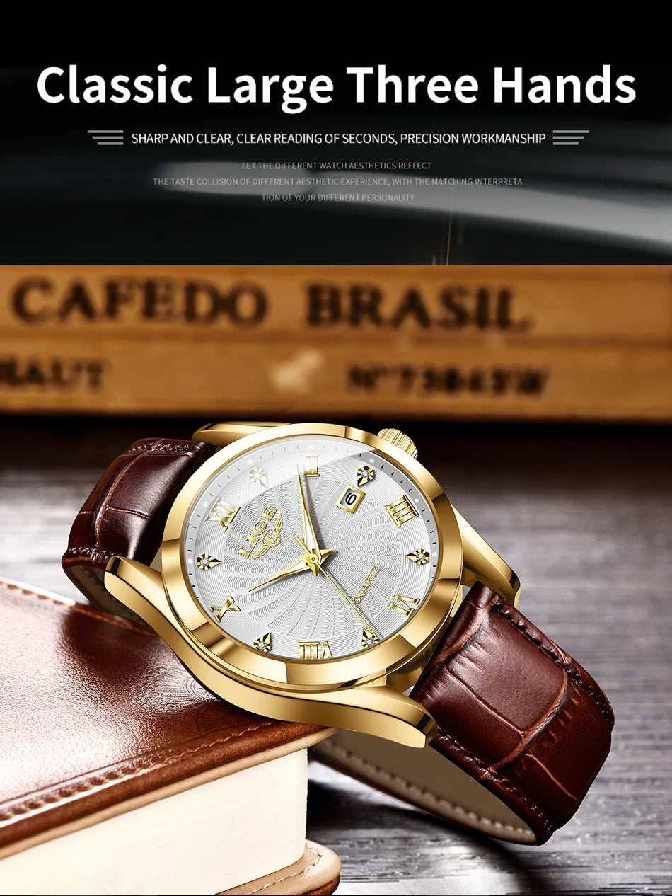 Elegant women's quartz watch featuring a gold-toned case, white patterned dial with Roman numerals and a brown strap.