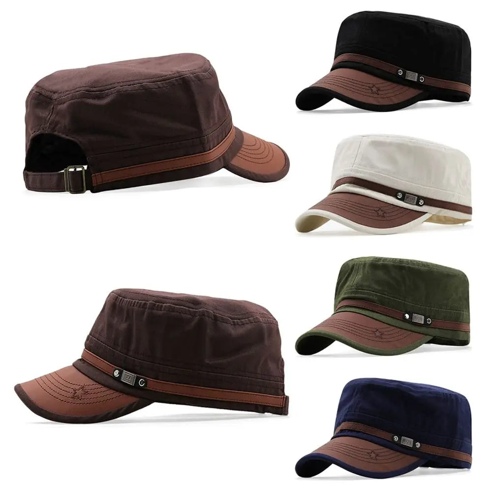 Unisex cadet-style baseball caps available in various colours, featuring a contrast brown peak and strap detailing.