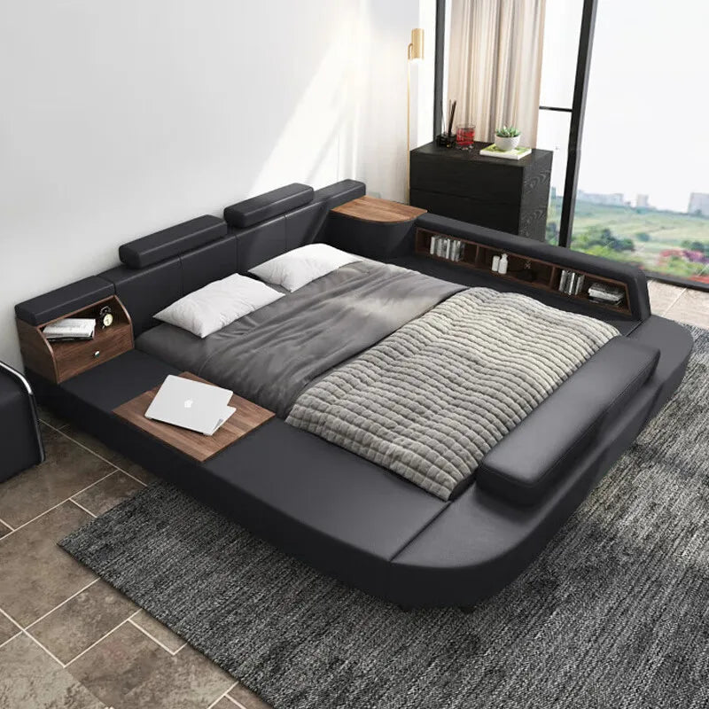 Modern black upholstered bed with integrated wooden shelving, side tables, and built-in storage in a contemporary room.