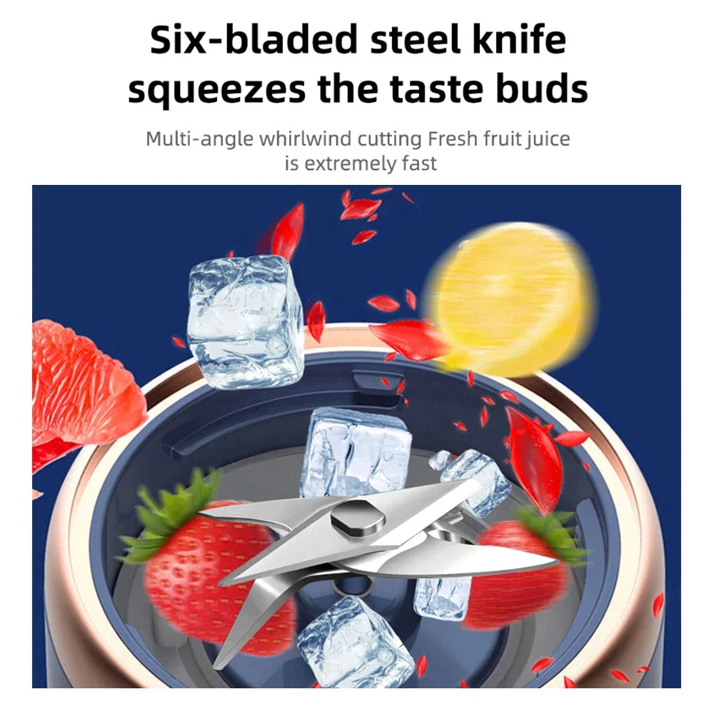 A six-bladed stainless steel blender attachment, set against a dark blue background with dynamic fruit and ice imagery.