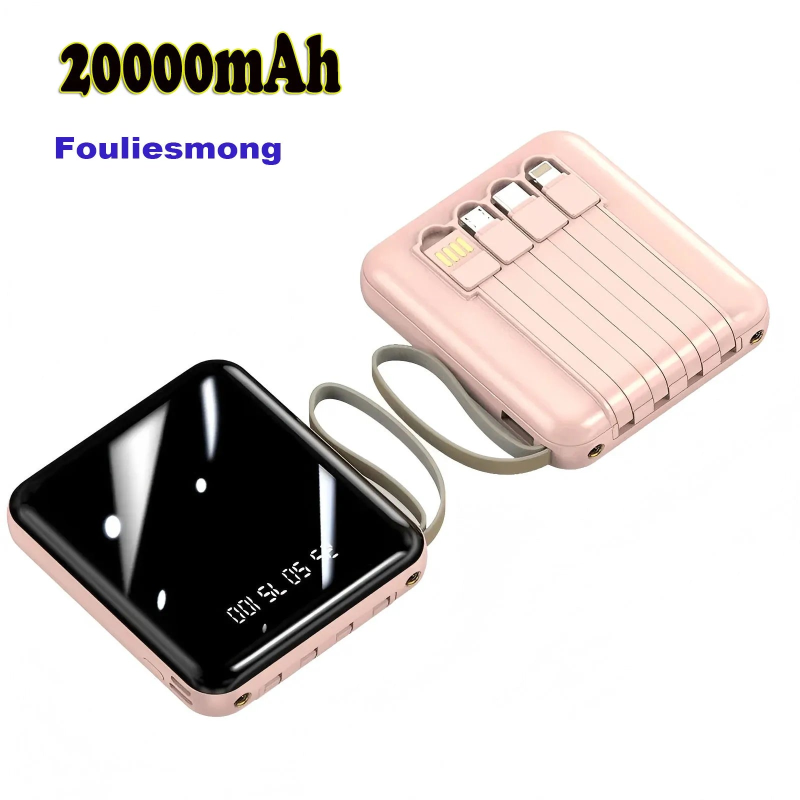 Portable 20,000mAh power bank in pastel pink with integrated charging cables and a black LED digital display.