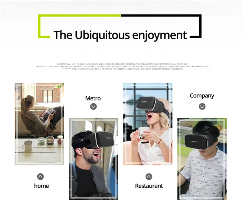 Black smartphone VR headset with adjustable head straps, shown in use by people in various settings.