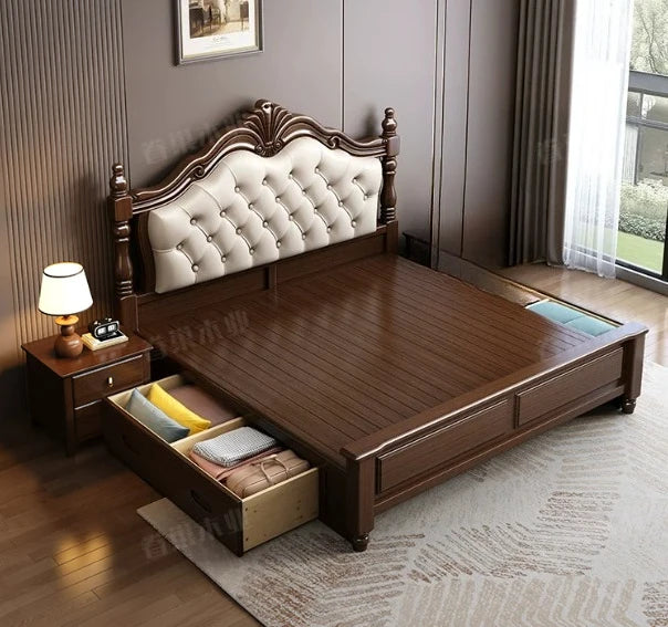 Retro dark wood double bed frame with a tufted cream headboard and integrated under-bed storage drawers.