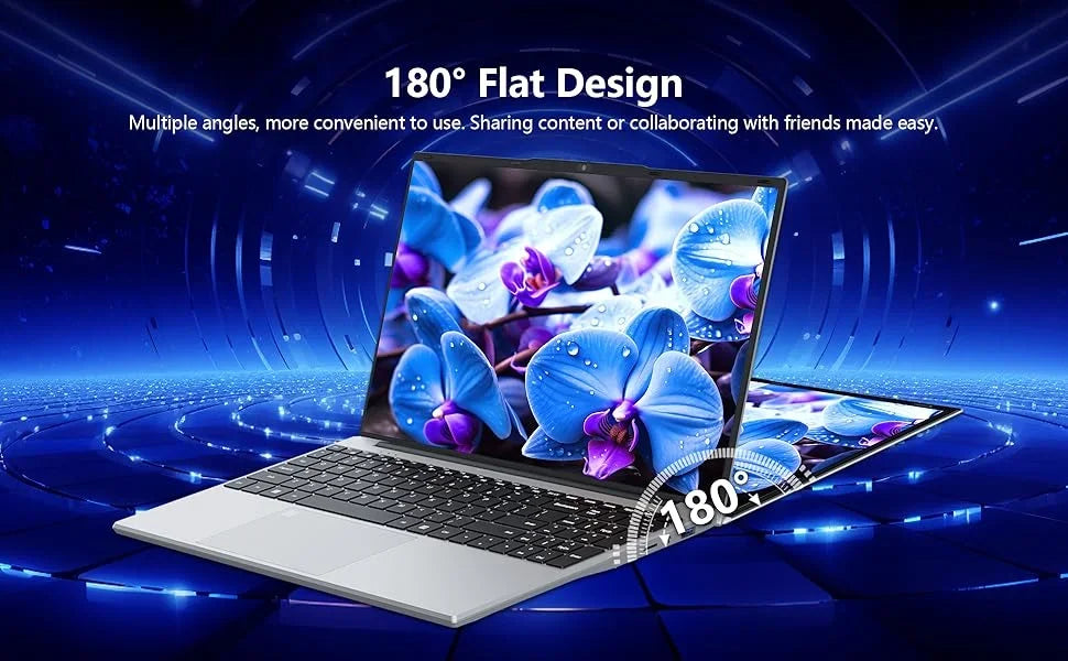 Sleek silver 15-inch laptop featuring a 180-degree hinge that lays flat for easy collaboration.