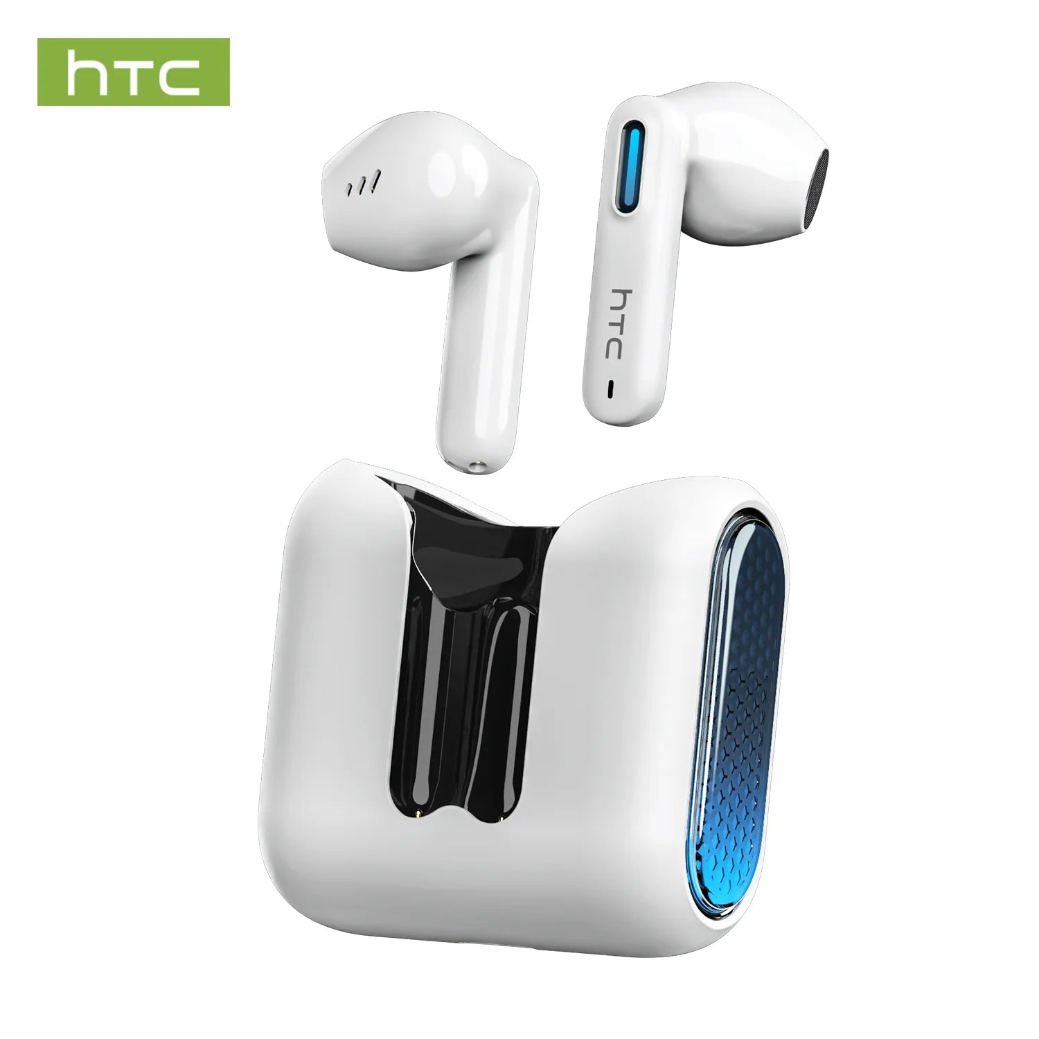 White wireless earbuds with blue light accents and a matching white charging case with a blue side panel.