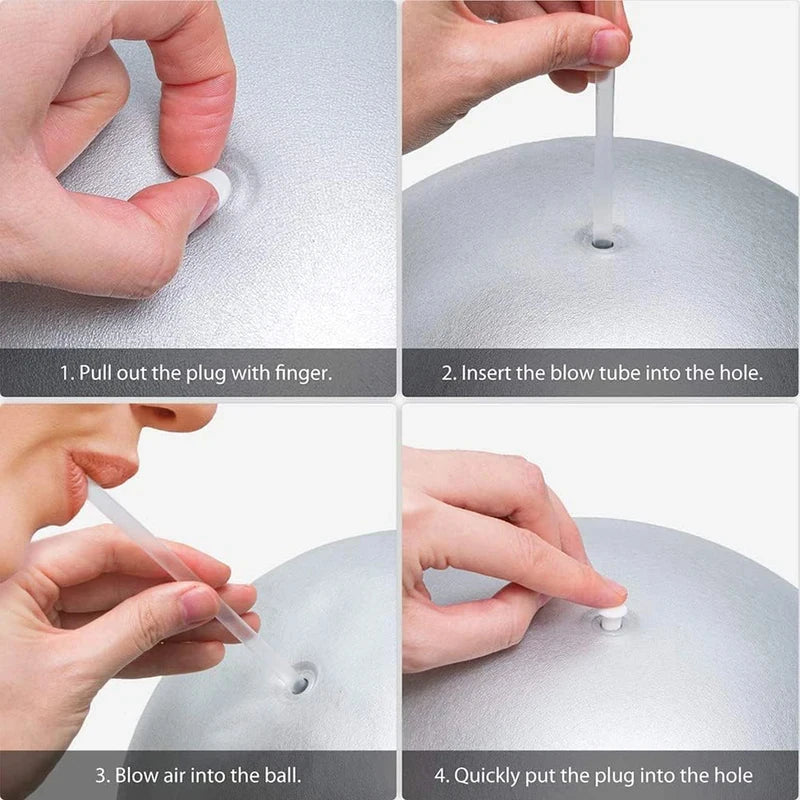 Four-step instructional guide on how to inflate a silver exercise ball using a blow tube and plug.