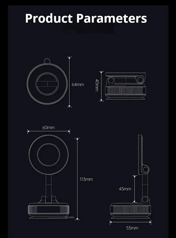 Technical diagram on a black background showing dimensions of a circular, foldable electronic device.