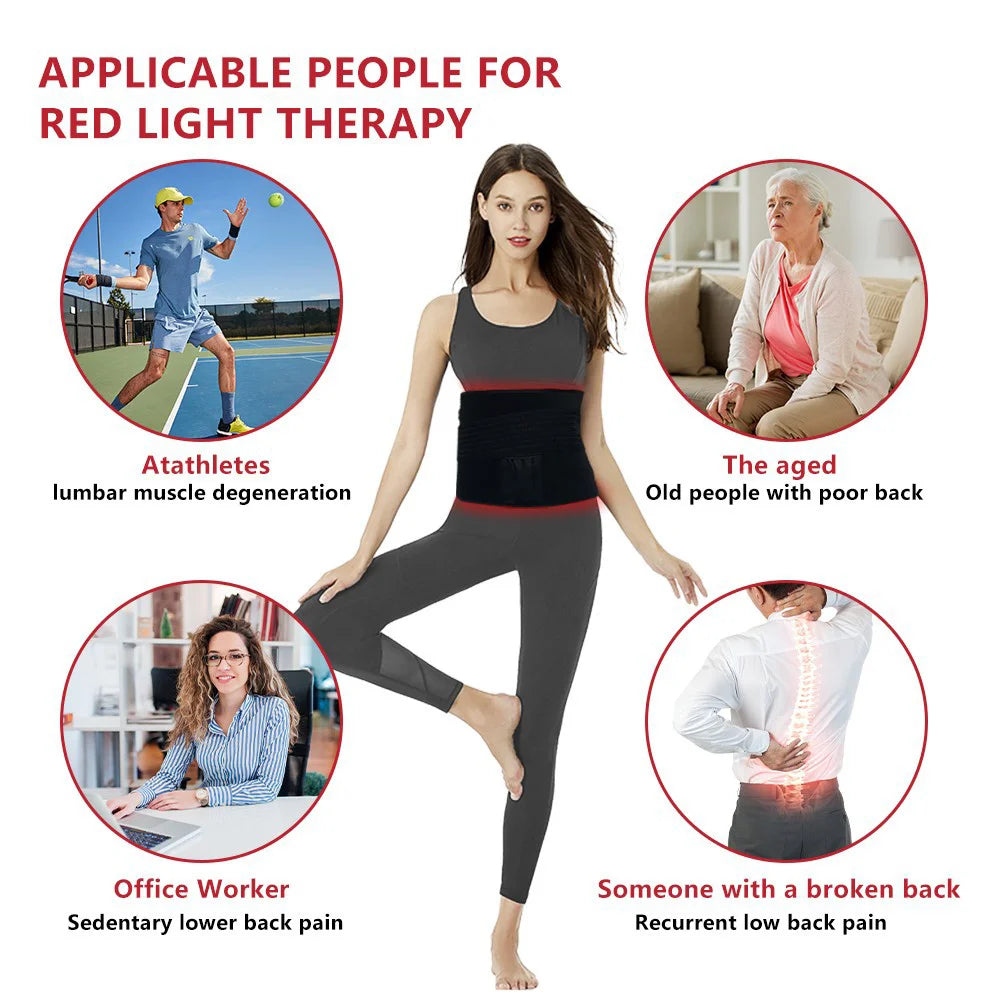 Infographic showing applicable people for red light therapy, with a central woman wearing a back belt.