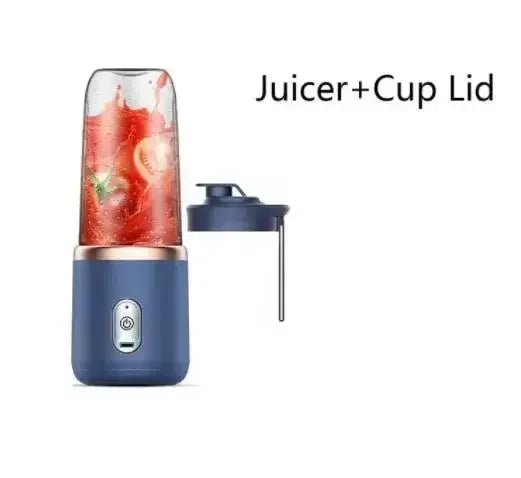 Portable blue electric juicer blender with a clear cup containing red juice and a separate matching lid.