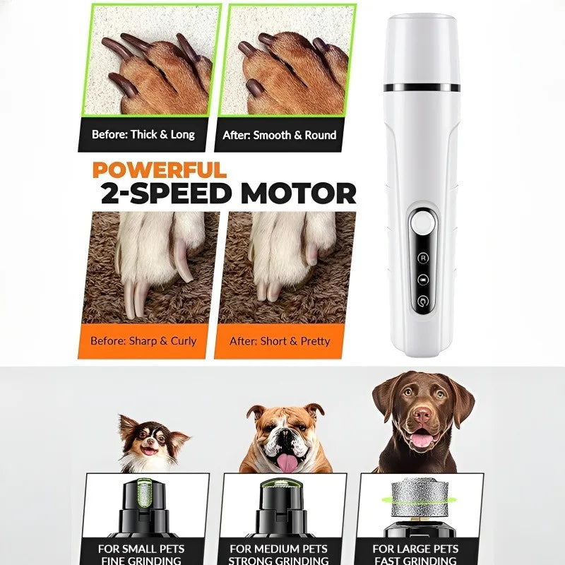 White electric pet nail grinder with LED light, two-speed motor, and interchangeable heads for various pet sizes.
