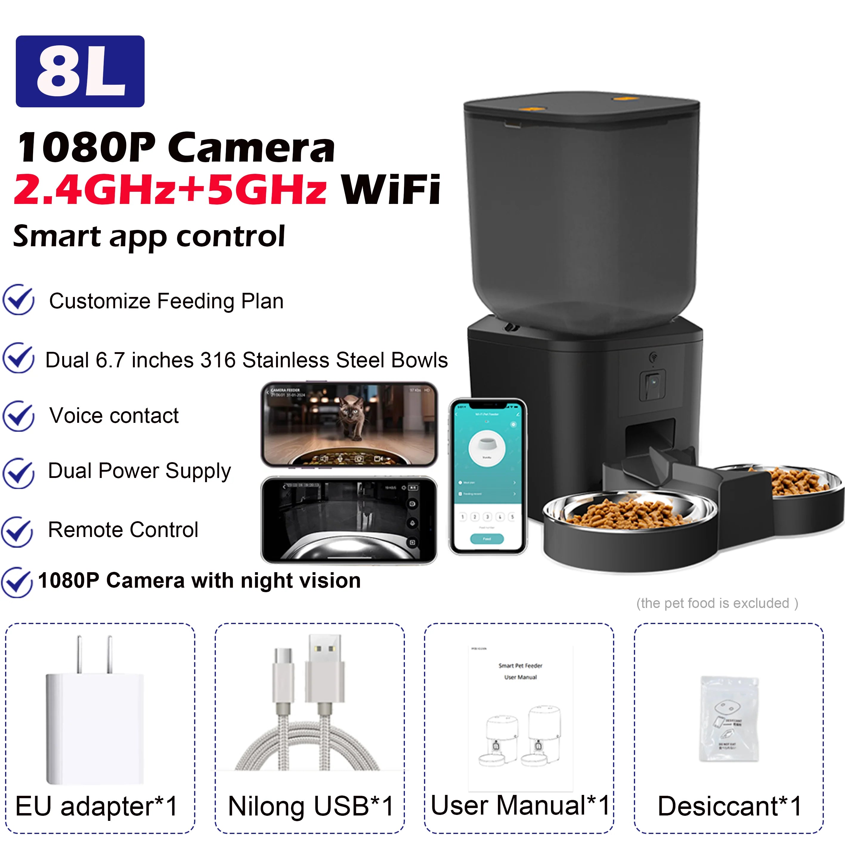 Black 8L smart pet feeder with a camera, app control, and two stainless steel bowls, shown with included accessories.