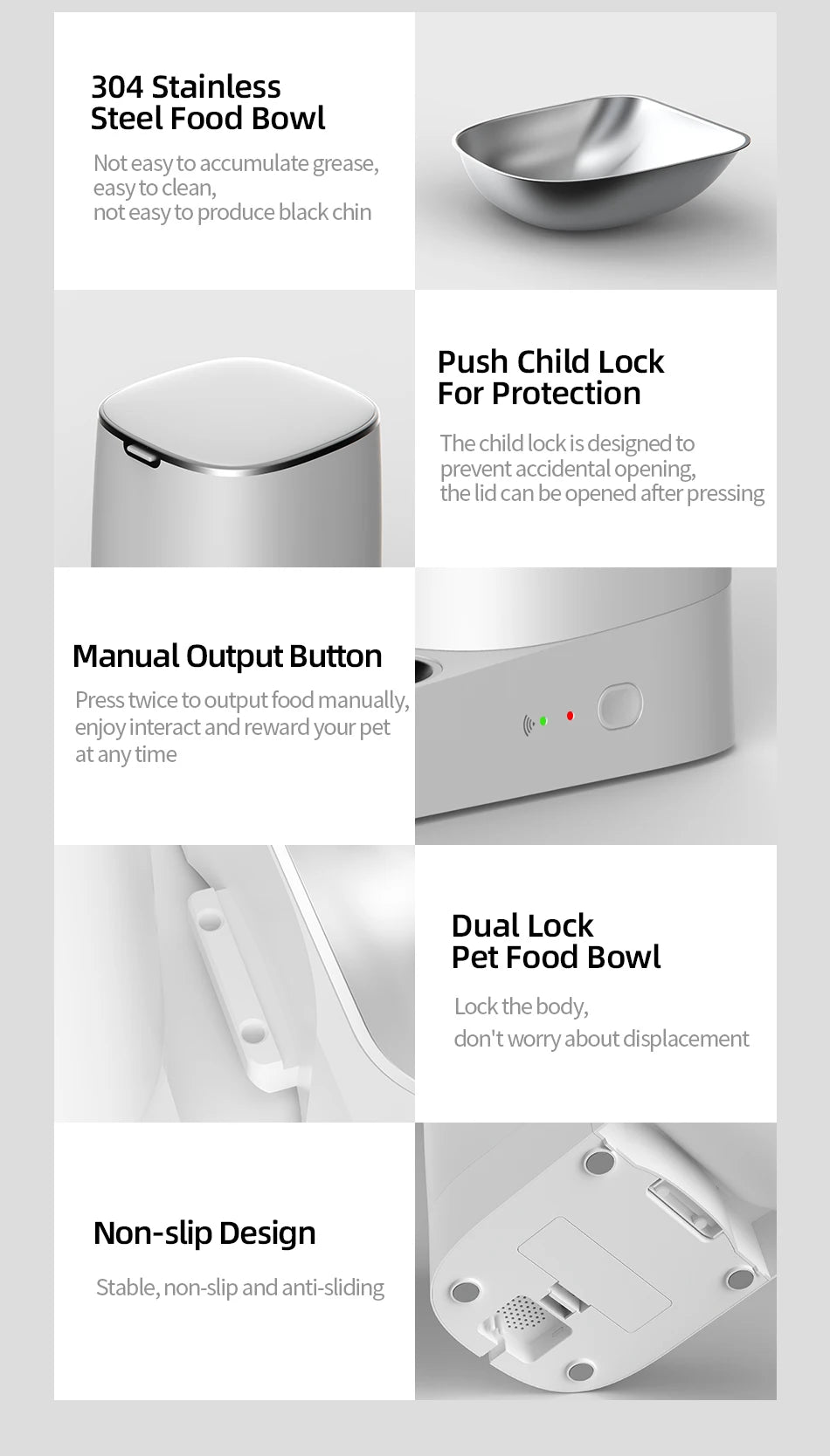Collage of a modern white and stainless steel automatic pet feeder, highlighting the bowl, lid lock, and base features.