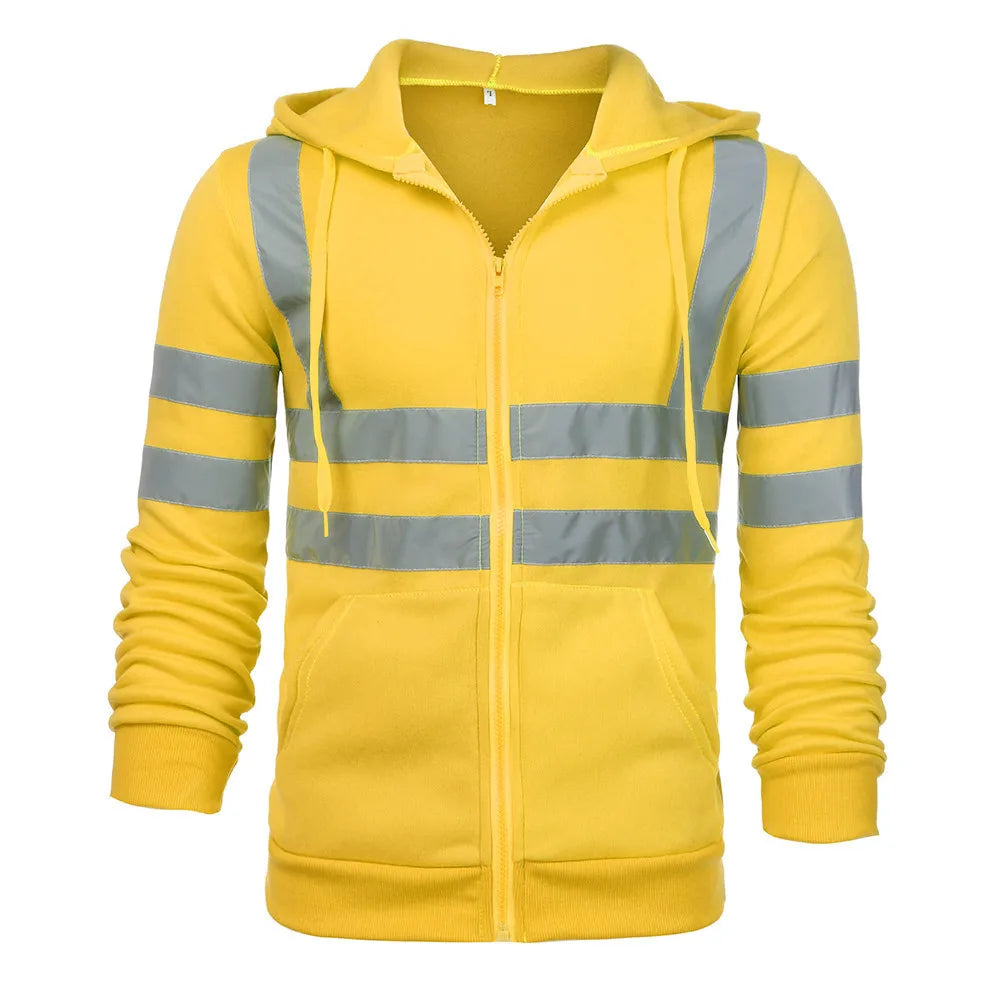 Bright yellow high-visibility thermal hoodie with reflective grey stripes, a hood, and a full-length zip.