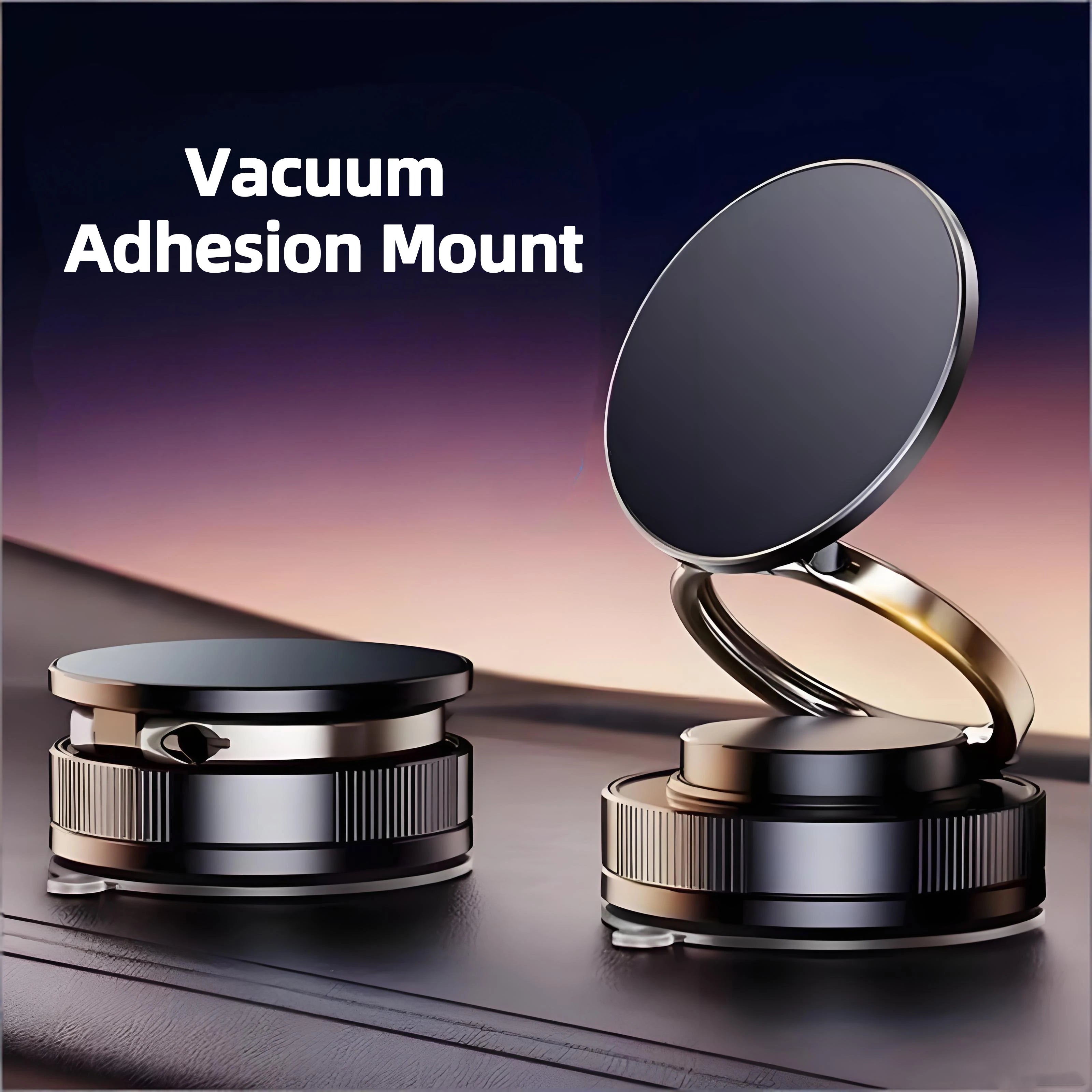 Two sleek black metallic vacuum mounts for car dashboards, one folded flat and one extended with a circular head.
