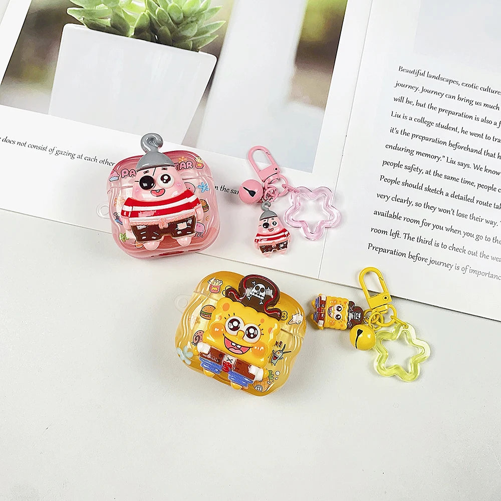 SpongeBob and Patrick silicone AirPods cases with matching character keychains in pink and yellow.