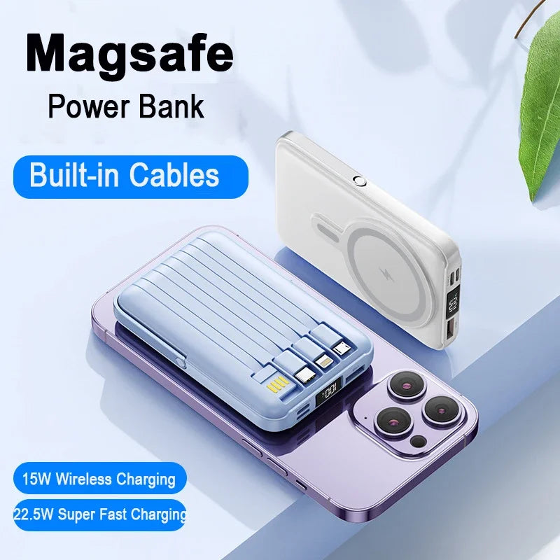 Blue and white 20000mAh magnetic power banks with integrated cables and digital displays on a light blue background.