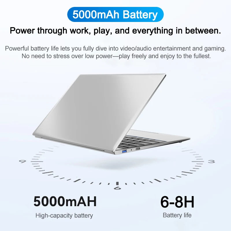 Sleek silver 15.6-inch laptop with high-capacity 5000mAh battery for long-lasting performance.