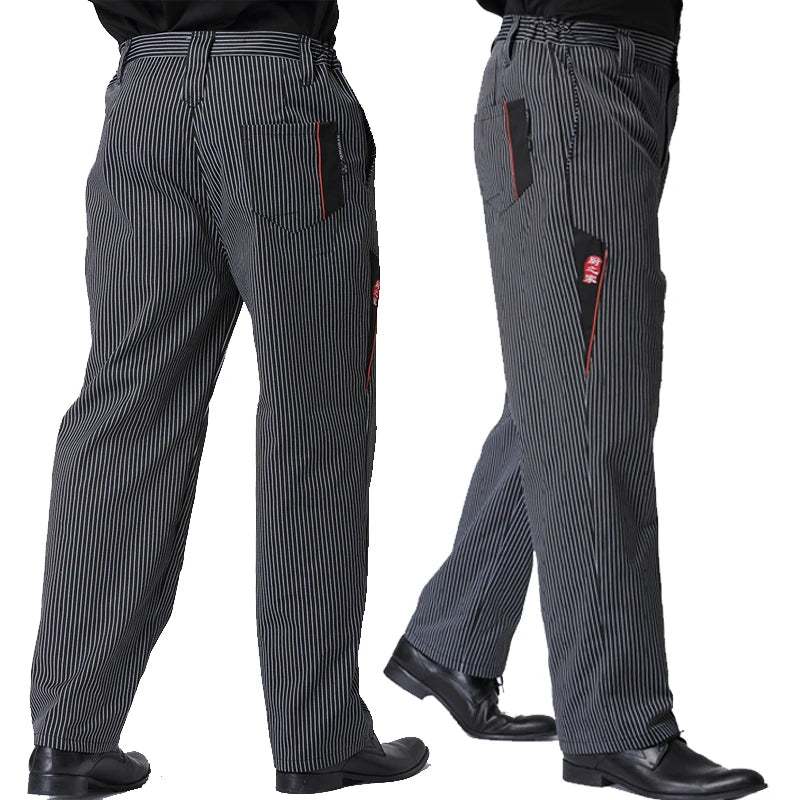 Grey and black pinstripe professional chef trousers with a cargo-style pocket design and a comfortable elasticated waist.