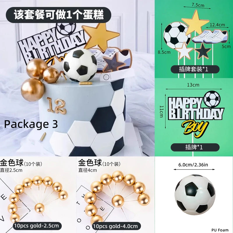 Football-themed cake topper kit featuring gold spheres, stars, footballs, and a "Happy Birthday" sign.