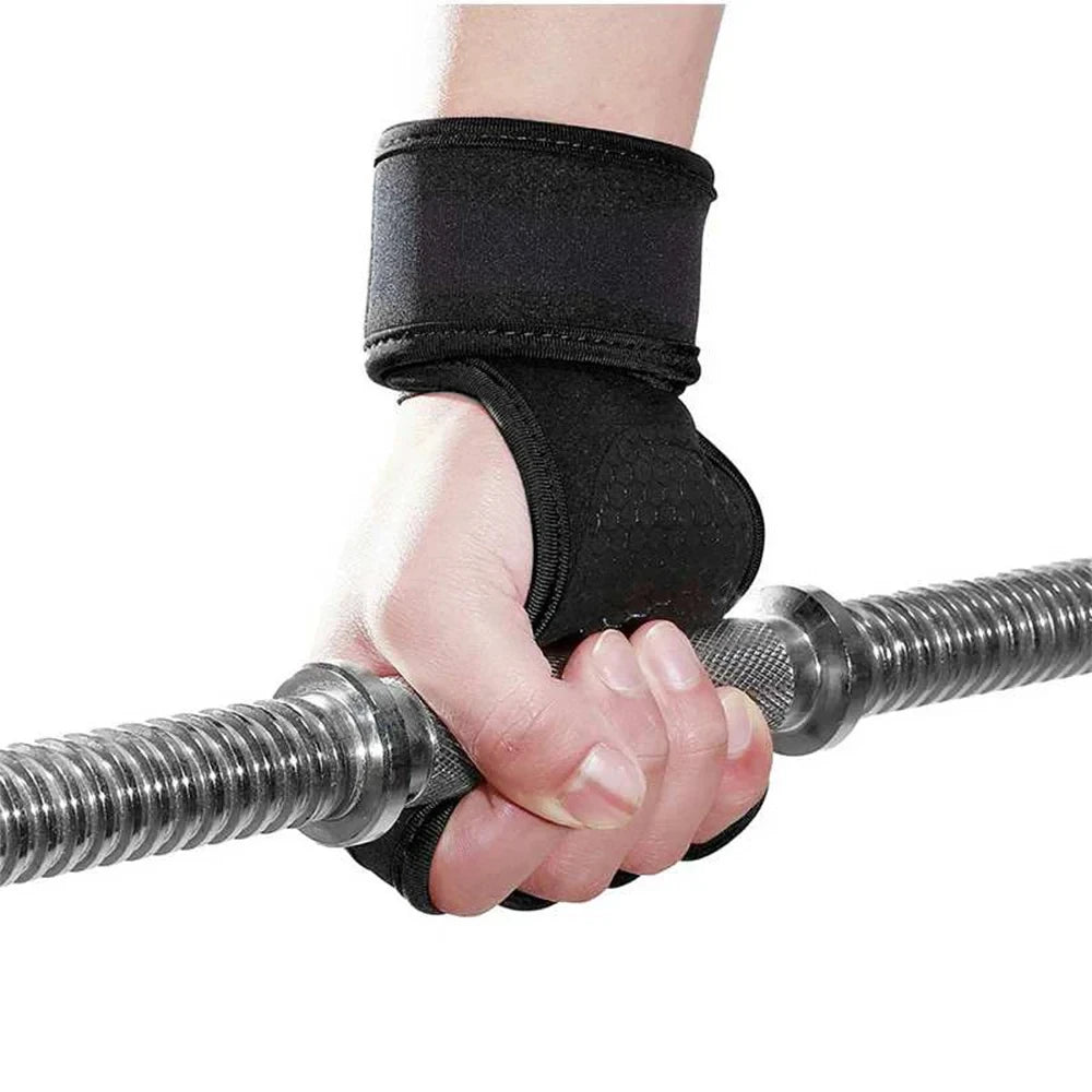 Black gym wrist support strap with palm padding, worn by a hand gripping a metal barbell.