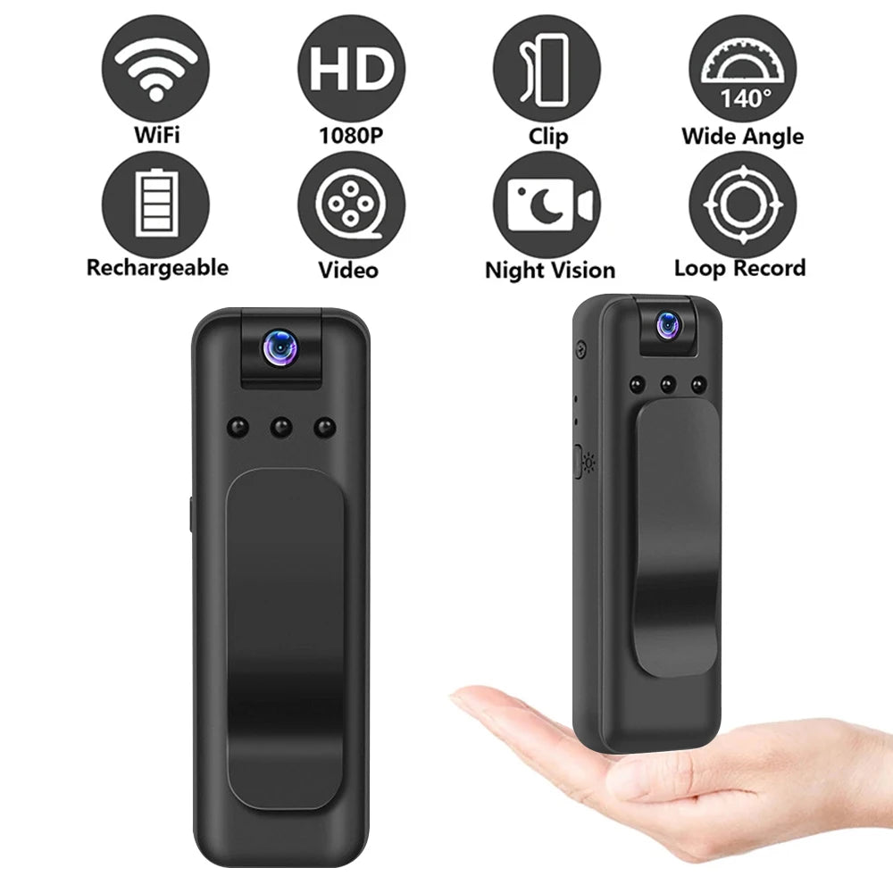 Black plastic portable body camera with a clip, 1080p, night vision, WiFi, and loop recording.