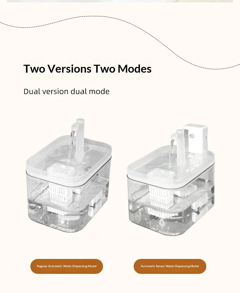 Two white, transparent automatic pet water fountains with internal filters; one standard and one with motion sensor.