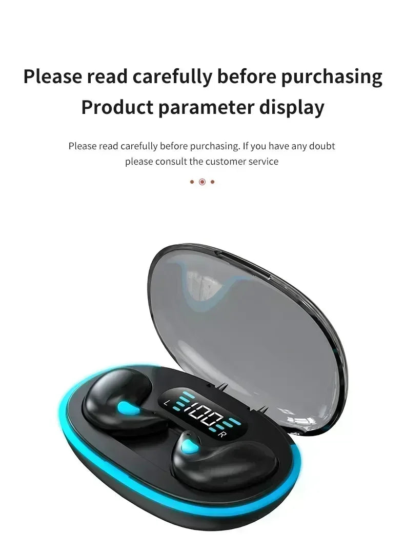 Black wireless earbuds in a charging case with a transparent lid, digital battery display, and blue neon accents.