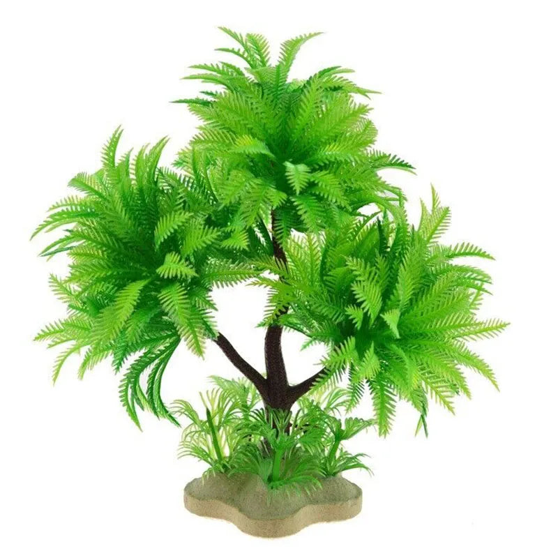 Artificial aquarium plant with bright green fern-like fronds, brown branches, and a stable, sand-colored base.