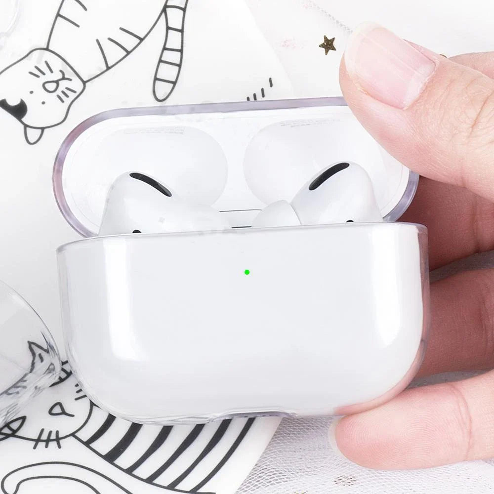 Clear, flexible silicone case for AirPods Pro, featuring a cute black cat print design.