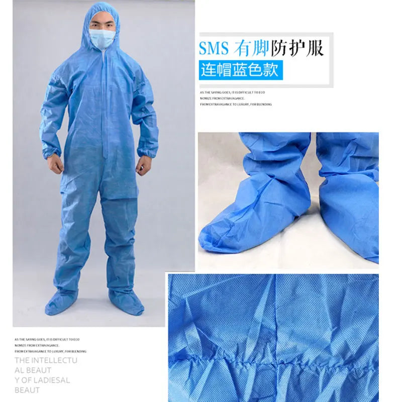 Blue SMS material protective coverall with hood and integrated foot covers, worn by a person with a face mask.