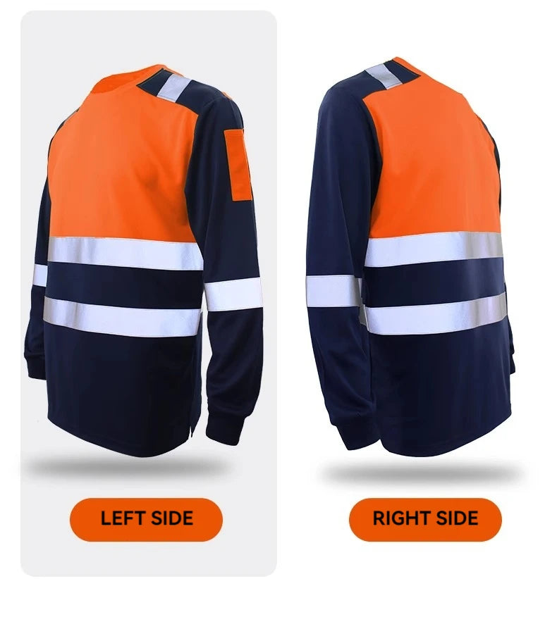 Men's navy and orange long-sleeve hi-vis work shirt featuring reflective strips and a utility sleeve pocket.