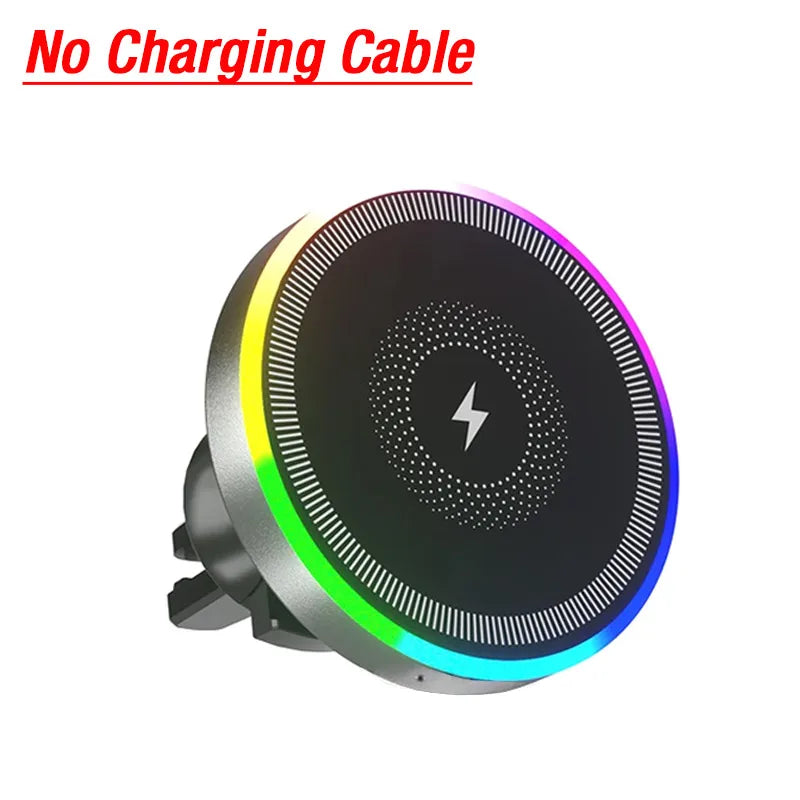 Circular wireless car charger with RGB LED rim, black center, and lightning bolt icon. Note: No charging cable included.