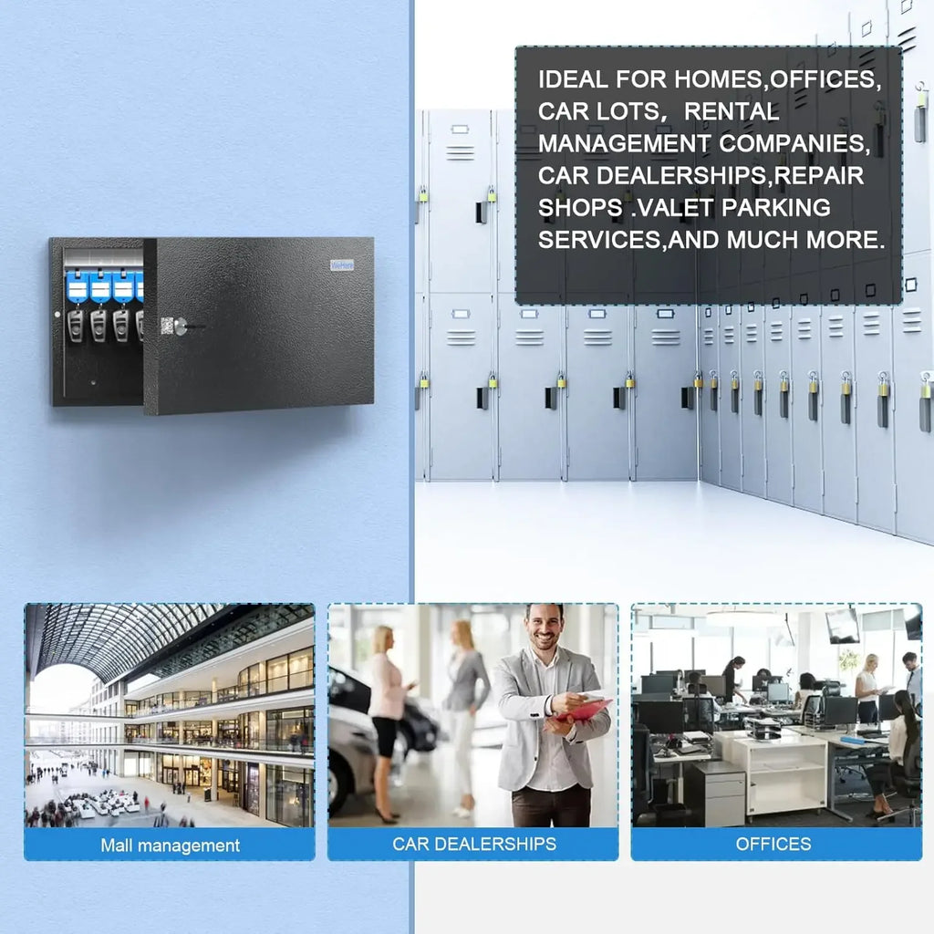 Black metal wall-mounted key storage box with a security lock, shown with interior key hooks and blue tags.