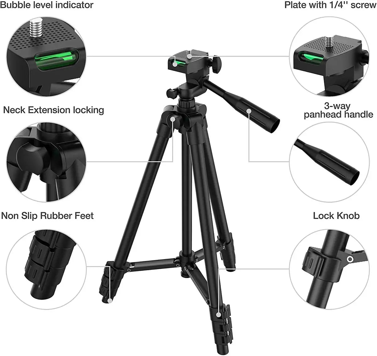 Black camera tripod with 3-way panhead, bubble level, extension lock, and non-slip rubber feet.