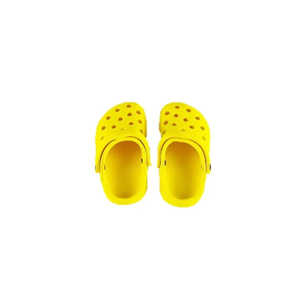 A pair of bright yellow, rubber-style summer sandals for pets, featuring a classic perforated design.