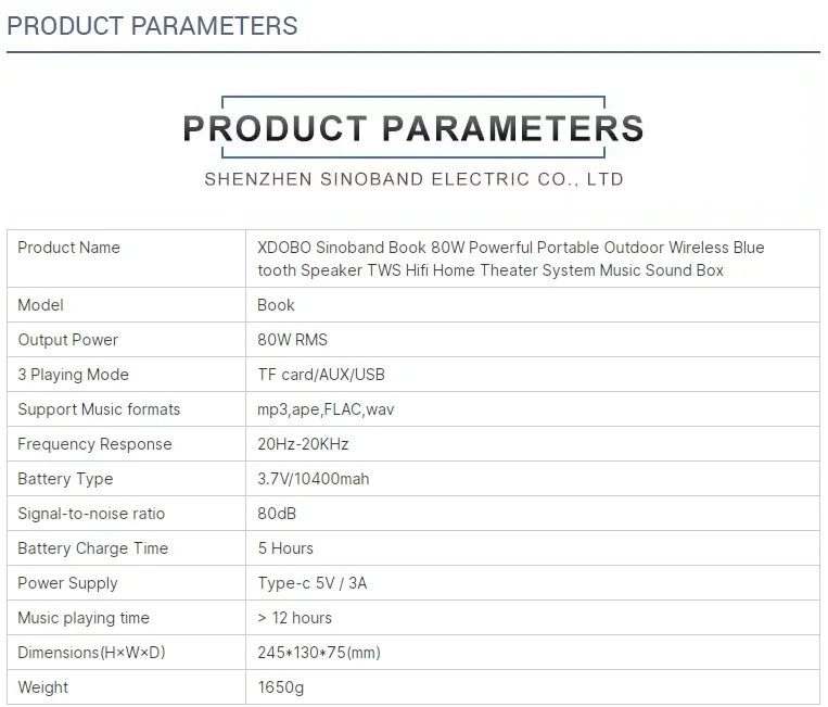 Technical specification table for a portable 80W wireless Bluetooth speaker with 12-hour battery and USB support.