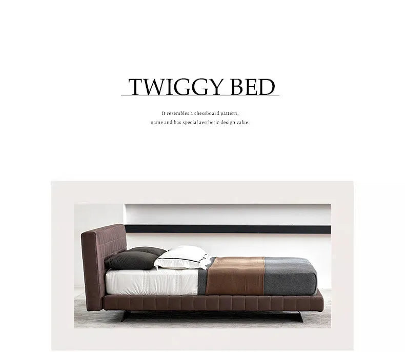 Modern Nordic-style brown upholstered bed frame featuring a low-profile design and a tactile, grid-tufted finish.