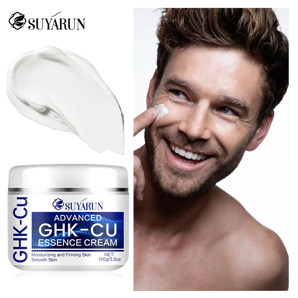 A man applying white moisturizing and firming GHK-Cu essence cream from a 100g pot to his cheek.
