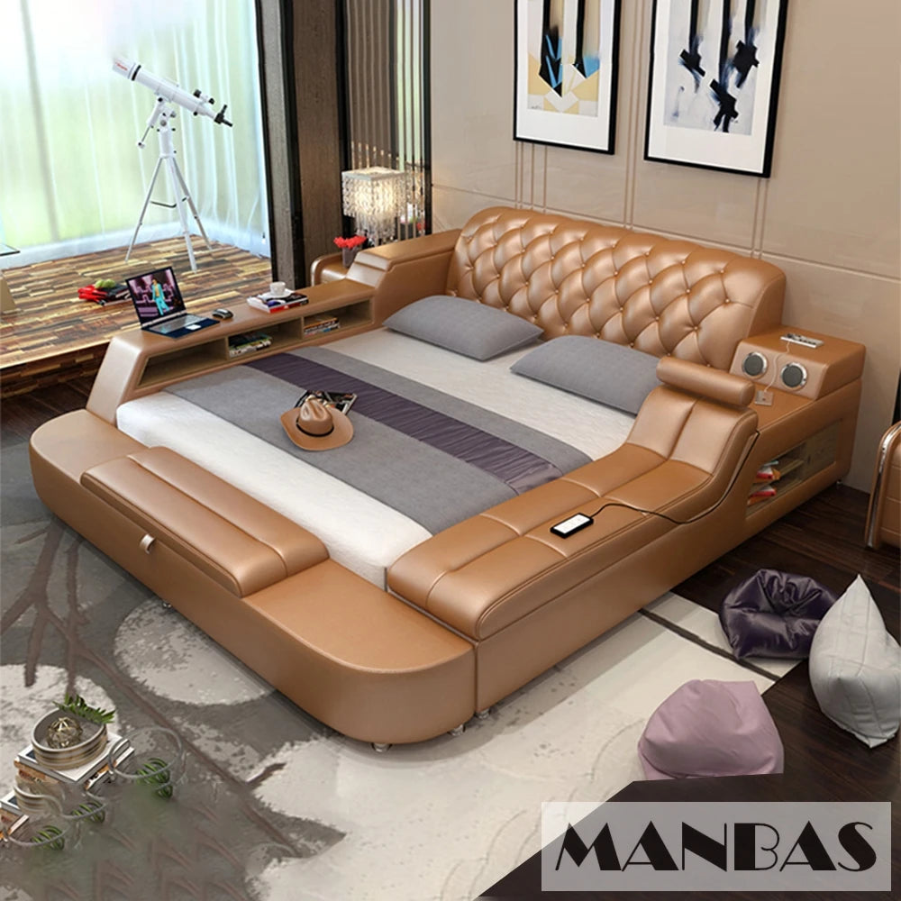 Tan tufted upholstered platform bed with integrated storage, speakers, and LED lighting in a modern bedroom setting.