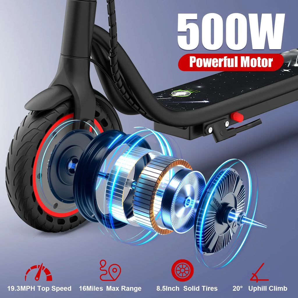 Black ATSANT S50 Ultra electric scooter highlighting its 500W motor with an exploded view of internal components.