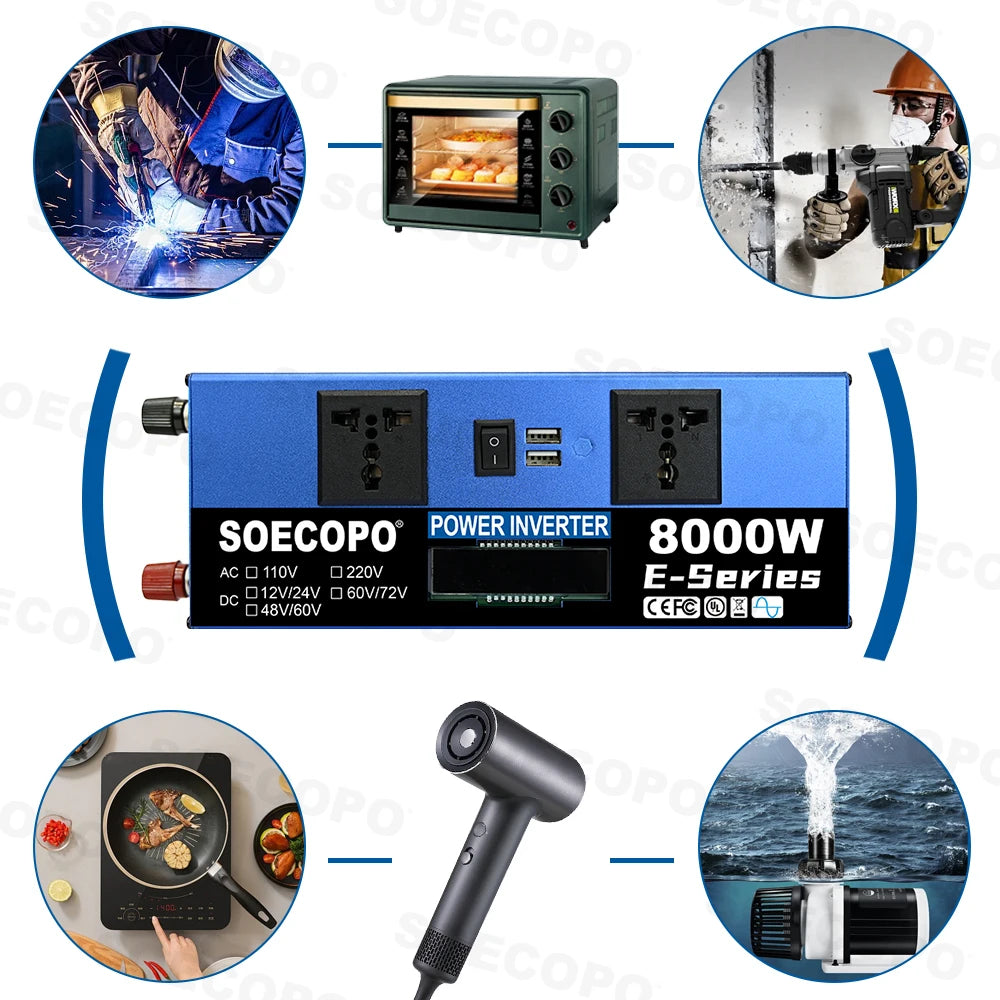 Blue 8000W car power inverter with USB ports and LCD, shown powering tools, appliances, and electronic devices.