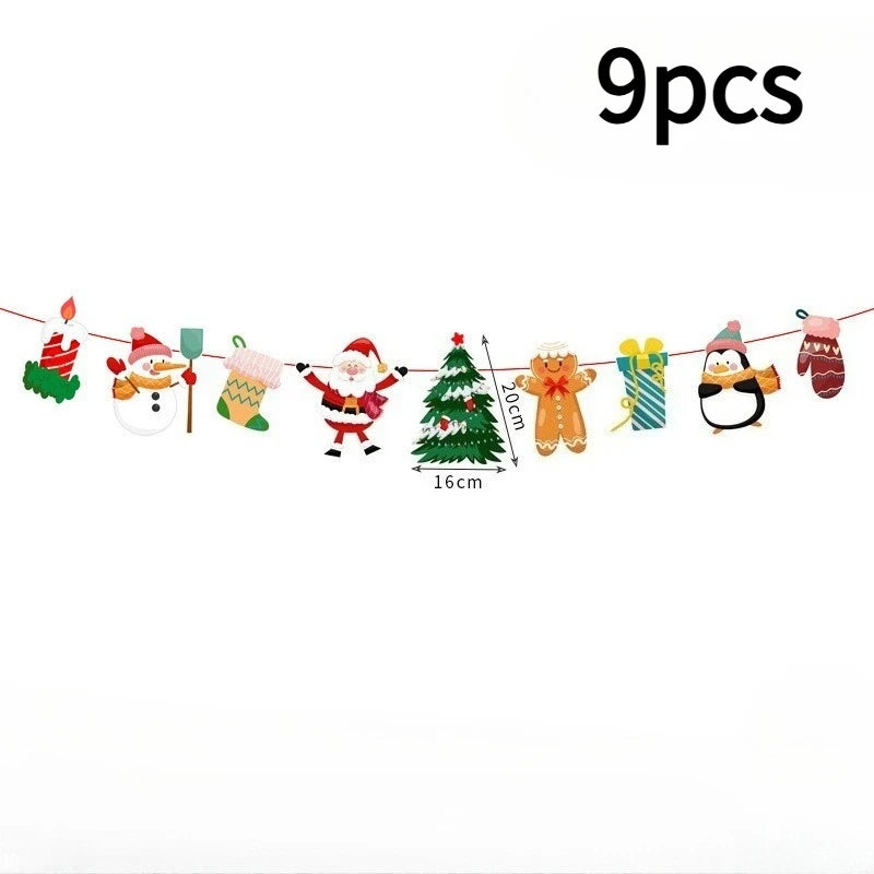 A 9-piece Christmas bunting featuring colourful festive icons like Santa, a snowman, a tree, and gifts on a string.