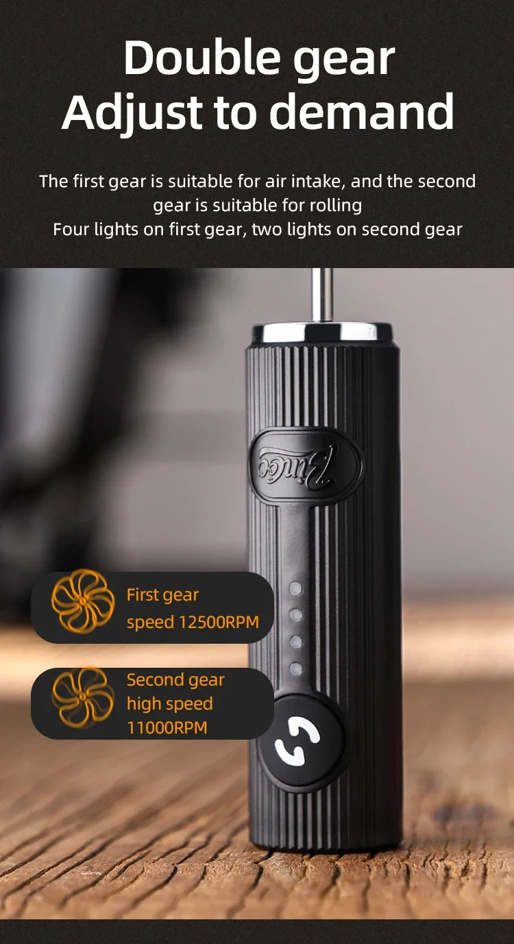 Black, cylindrical handheld device with vertical ridges, a central power button, and LED indicator lights.