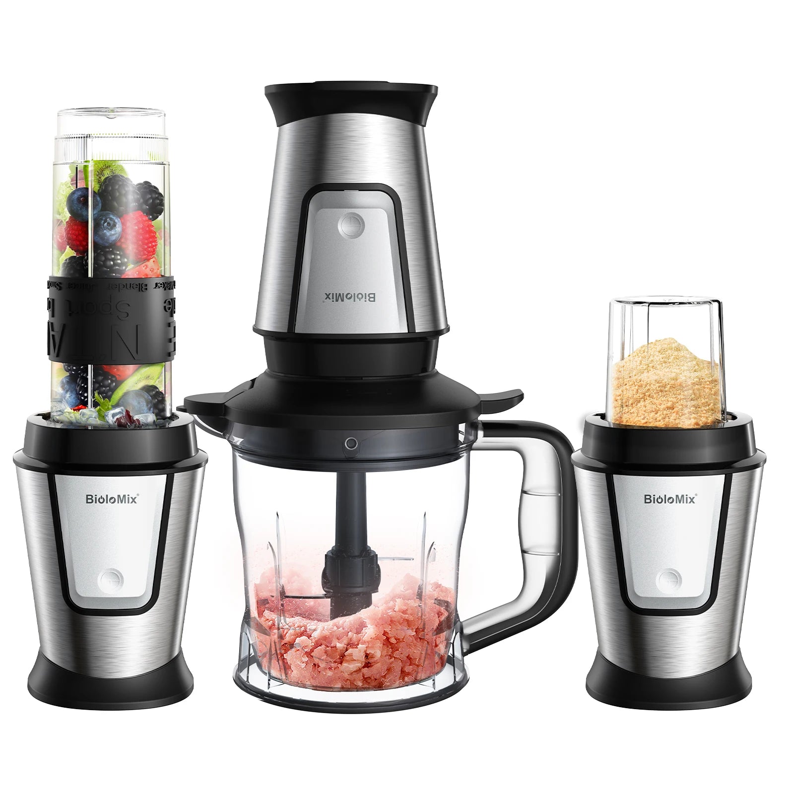 Stainless steel kitchen blender set with a main food processor, smoothie cup, and spice grinder attachment.