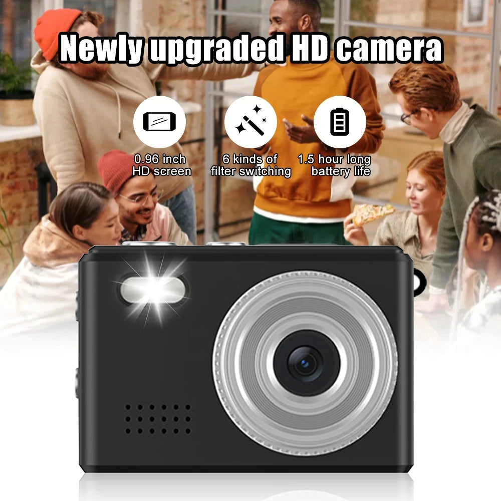 Black plastic digital camera with a silver lens, flash, 0.96-inch screen, 6 filters, and 1.5-hour battery life.