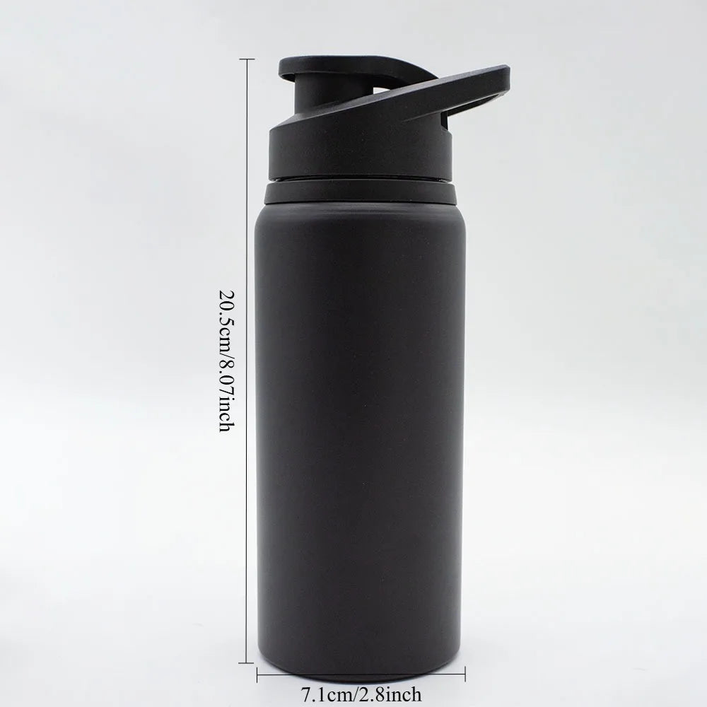 Matte black insulated water bottle with a flip-top lid and measurement labels for height and width.