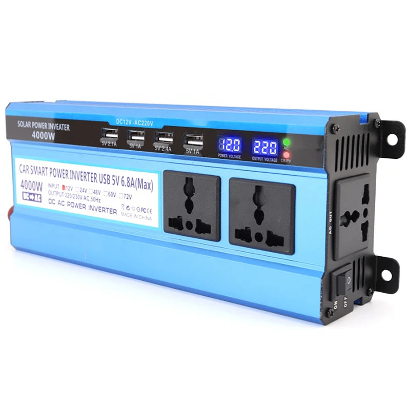 Blue 4000W power inverter with dual AC outlets, 4 USB ports, and a digital LCD voltage display on a white background.