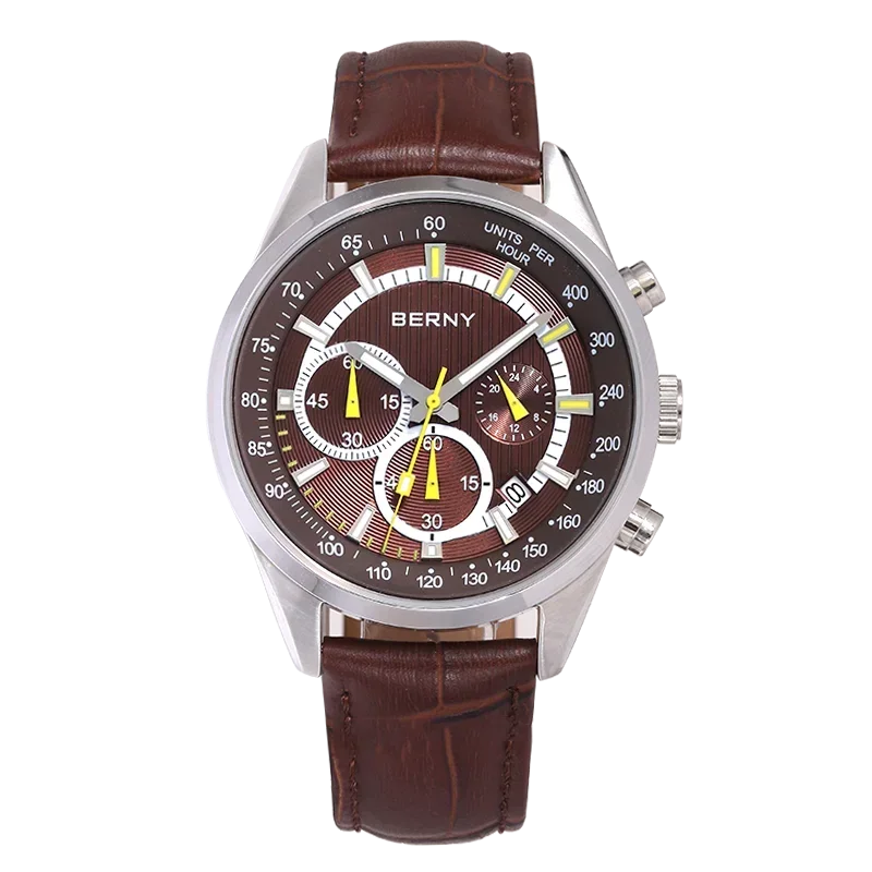 BERNY men's chronograph watch with round silver case, brown textured dial, sub-dials, and brown leather strap.