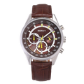 BERNY men's chronograph watch with round silver case, brown textured dial, sub-dials, and brown leather strap.